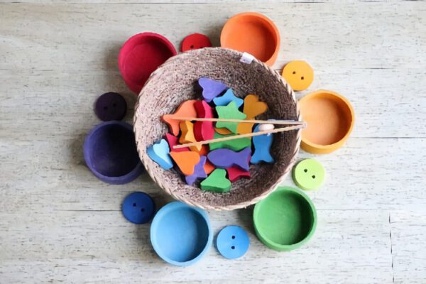 A picture of different shapes toys in a bowl